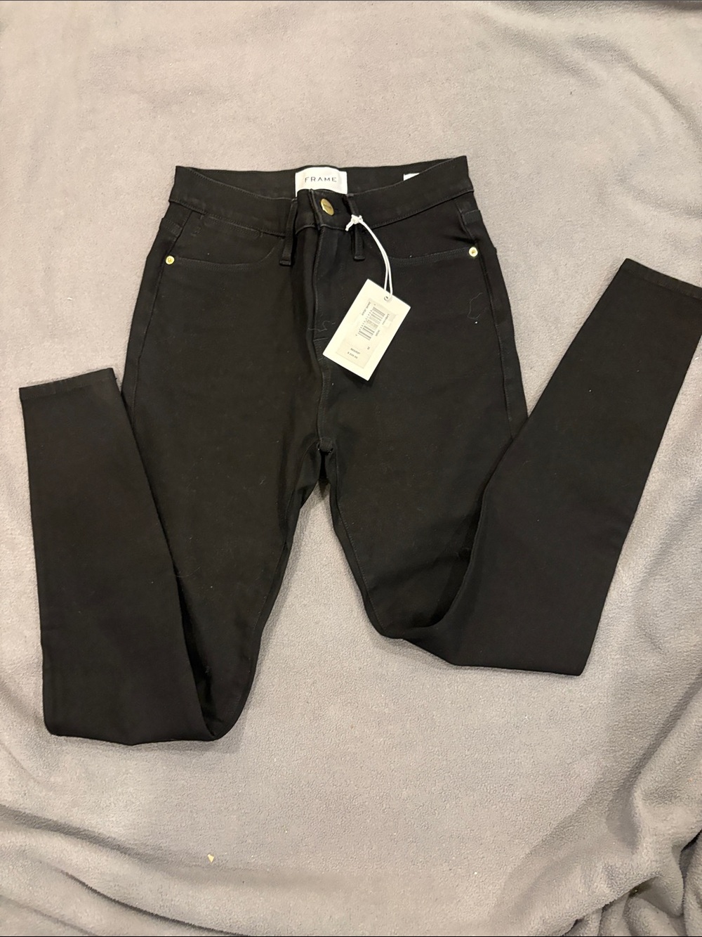 Frame Denim Black High-Rise Skinny Jeans with Gold-Tone Rivets